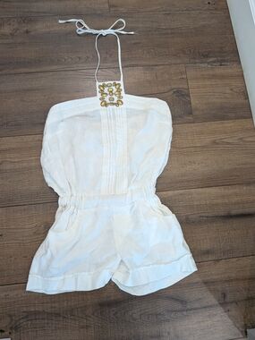 White Halter Romper with Gold Embellishment